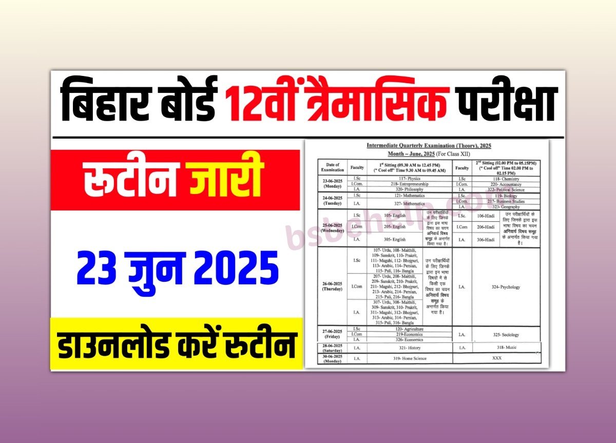 Bihar Board 12th june quarterly exam date 2025:-