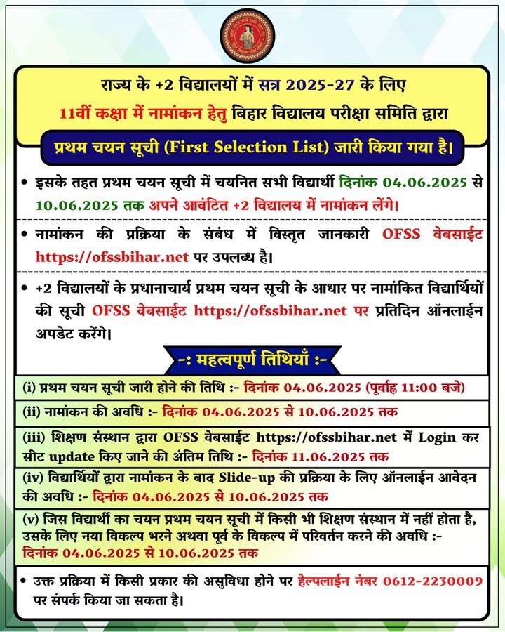 Bihar Board Inter Admission First Merit List 2025